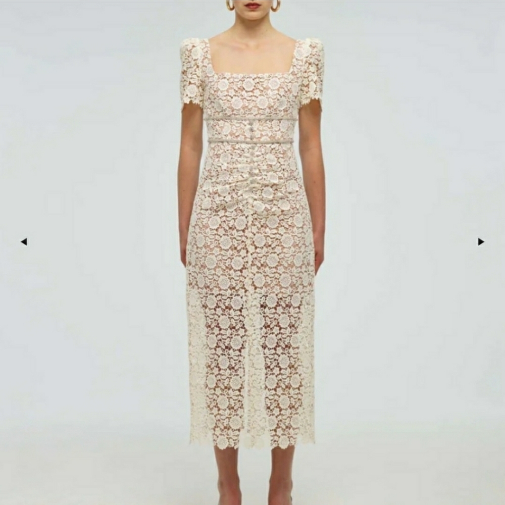 Self-Portrait Ivory Guipure Lace Fitted Midi Dress - Picture 2 of 6